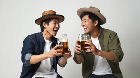 Happy young men in casual clothing toasting each other with beer and smiling : Generative AIの素材