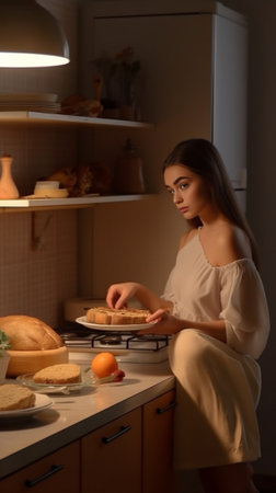 Confident young woman putting plates on shelf while standing at the domestic kitchen : Generative AIの素材