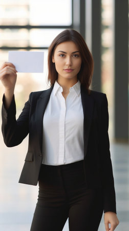 Copy space on her card Confident businesswomen holding card and looking at camera while standing against white background : Generative AIの素材