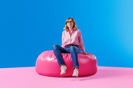 Crazy party girl Attractive young woman looking at camera and making a face while sitting on the inflatable ring against pink background : Generative AIの素材