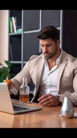 Enjoying his coffee break Handsome young businessman in formalwear drinking coffee while sitting at his working place : Generative AIの素材