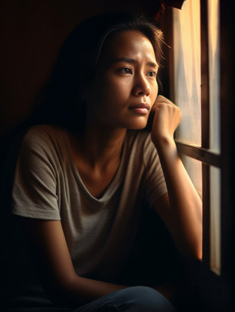 Depressed woman touching head and looking through a window while sitting on the window sill : Generative AIの素材