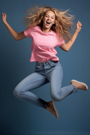 Feeling comfortable in her style Full length studio shot of attractive young woman in casual wear smiling and looking away while jumping against grey background : Generative AIの素材