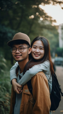 Happy young man carrying his girlfriend on shoulders while walking spending time outdoors : Generative AIの素材