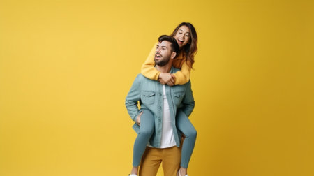 Crazy in love Young passionate couple having fun together and looking happy while handsome young man carrying his girlfriend on shoulders : Generative AIの素材