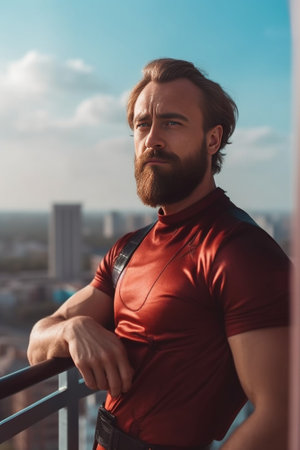 Cool and confident Stylish young bearded man looking at camera and holding hand on chin while standing outdoors : Generative AIの素材