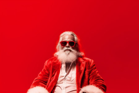 Enjoying Christmas music Santa Claus in sunglasses and headphones listening to MP3 Player and gesturing while standing against grey background : Generative AIの素材