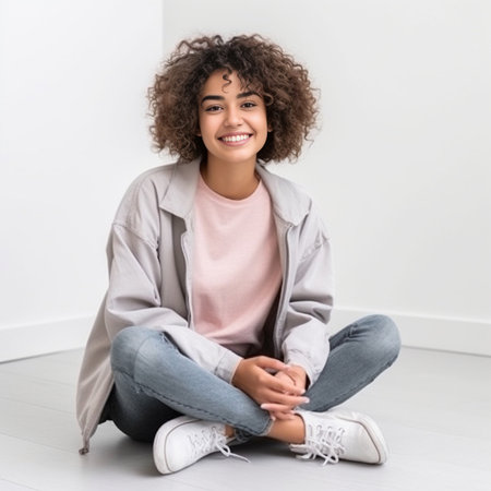 Dreaming about new kitchen Cheerful young woman smiling while sitting on the floor against white background with drawn kitchen : Generative AIの素材