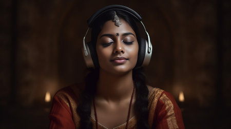 Dissolving in lovely music Beautiful young woman in headphones keeping eyes closed while sitting on the floor against brown background : Generative AIの素材