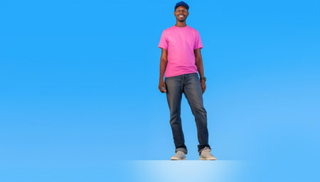 Full length of stylish young man wearing hat and looking away while standing against blue background : Generative AIの素材