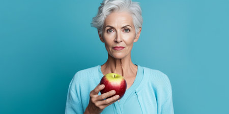 Eat healthy Cheerful mature doctor in giving a green apple to you and smiling while standing against grey background : Generative AIの素材