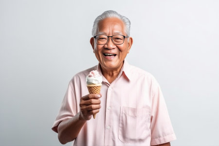 Eating only healthy food Smiling senior man in shirt holding heart prop while standing against white background : Generative AIの素材