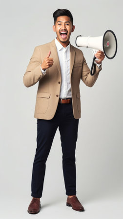 Everybody listen to me Angry young African man in formalwear shouting at megaphone while standing isolated on white background : Generative AIの素材
