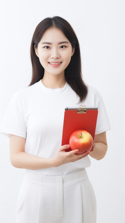Eat healthy Closeup of female doctor in white uniform holding red apple and smiling while standing against grey background : Generative AIの素材