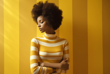 Day dreaming Thoughtful young woman in striped clothing leaning at the wall and looking away : Generative AIの素材