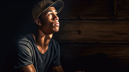 Deep in his thoughts Handsome young man wearing hat and looking away while sitting against the wooden wall : Generative AIの素材