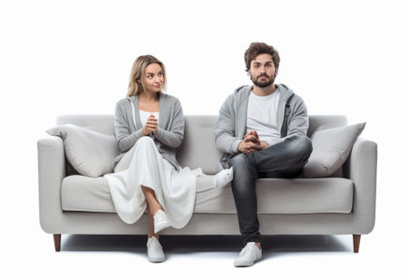 Do you hear me Depressed young man sitting on the couch and looking at his girlfriend sitting close to him and gesturing : Generative AIの素材