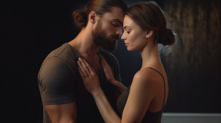 Enjoying every minute together Handsome young bearded man sitting on the floor while beautiful girl keeping arms around him : Generative AIの素材