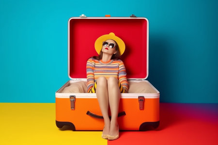 Dreaming of a big trip Top view of beautiful young woman in eyewear lying on the hardwood floor and smiling while suitcase and camera laying near her : Generative AIの素材