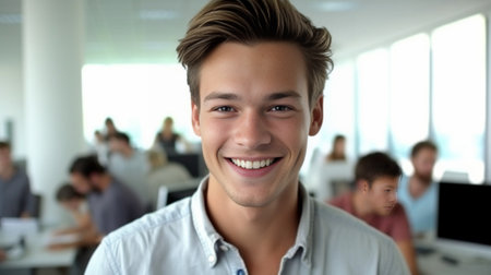 Enjoying his work Handsome young man looking at camera and smiling while his colleagues working in the background : Generative AIの素材