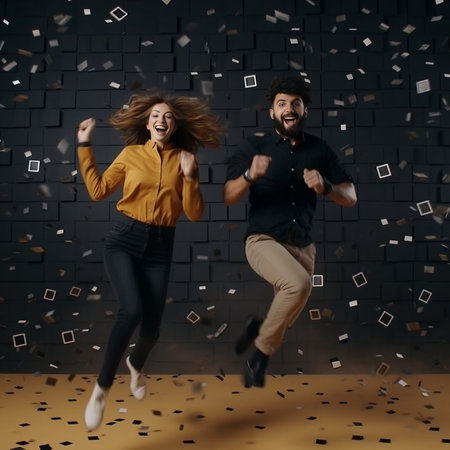 Enjoying fun time together Midair shot of beautiful young cheerful couple holding hands while jumping on trampoline together with confetti all around them : Generative AIの素材