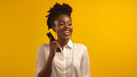 Excited young woman using her smart phone while standing against yellow background : Generative AIの素材
