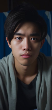 Early wake up Depressed young man sitting in bed and touching face with hand : Generative AIの素材