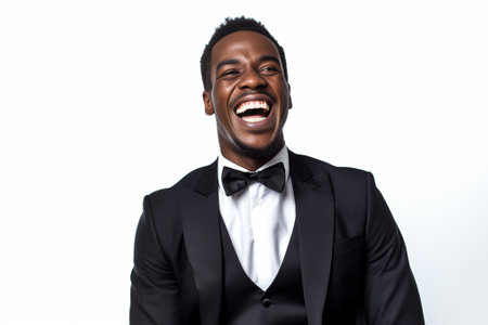 Finding out the truth Low angle view of cheerful young African man in formalwear holding a magnifying glass and smiling while standing isolated on white background : Generative AIの素材