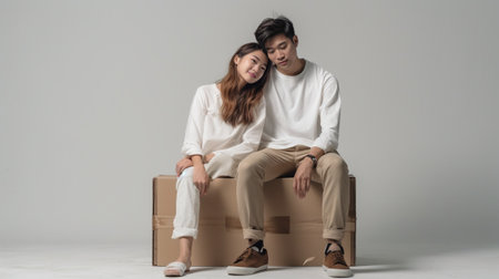 Enjoying time together Beautiful young couple bonding to each other while sitting on the wooden pallet with grey wall in the background and fallen leaves on the floor : Generative AIの素材