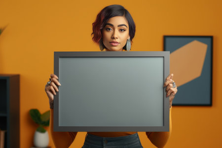 Excited young woman looking through a picture frame while standing against blue background : Generative AIの素材