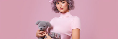 Feeling beautiful Attractive young woman playing with large toy bear and smiling while standing against pink background : Generative AIの素材
