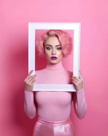 Excited young woman looking through a picture frame while standing against pink background : Generative AIの素材