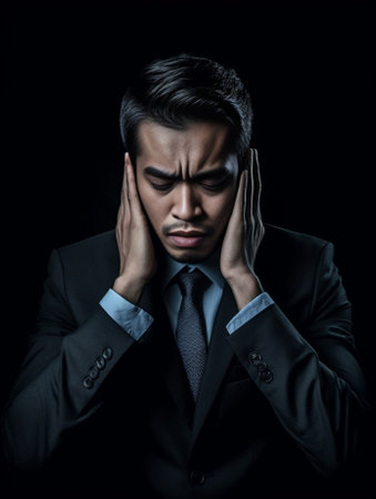Feeling headache Portrait of young man in formalwear holding head in hands and keeping eyes closed while standing against grey background : Generative AIの素材