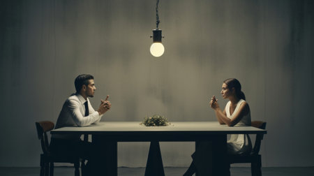 Finding a solution Two business people in formalwear discussing something while sitting at the table : Generative AIの素材