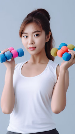 Exercises with dumbbells Cropped image of young woman in sports clothing training with dumbbells while standing isolated on white : Generative AIの素材