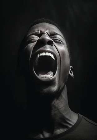 Full of emotions Portrait of young excited African man looking at camera with mouth open while standing against black background : Generative AIの素材