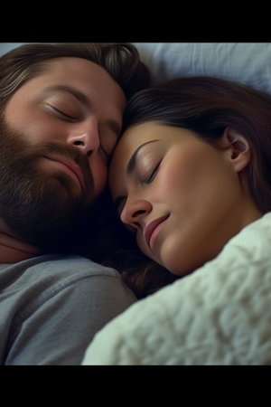 Feeling calm and comfortable Beautiful loving couple sleeping together in bed : Generative AIの素材