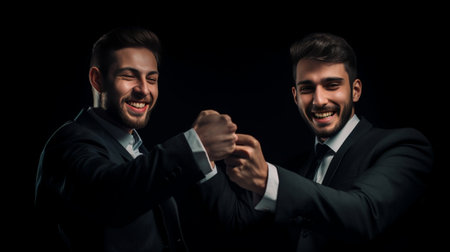 Good news Cheerful young men in formalwear talking on the mobile phone and rise his hand up : Generative AIの素材