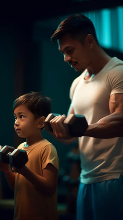 Feeling proud of his son Happy father and son exercising with dumbbells and smiling while standing in health club together : Generative AIの素材