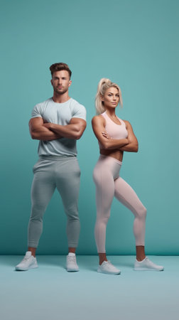 Exercising together is fun Side view of beautiful young couple in sports clothing standing face to face and smiling : Generative AIの素材