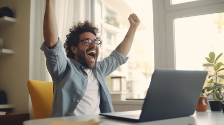 Excited man in headphones using laptop and gesturing while sitting on the floor at home : Generative AI