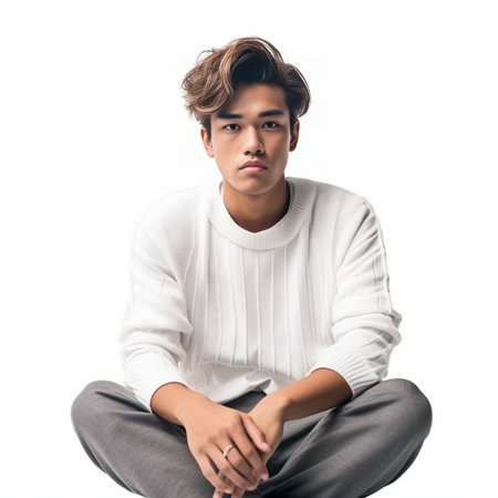 Feeling confident and relaxed Handsome young man in casual wear sitting on the floor and looking at camera while being isolated on white background : Generative AIの素材
