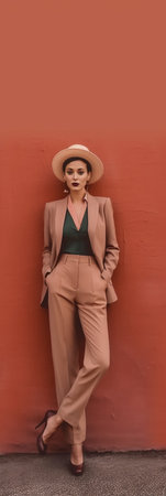 Full length of fashionable young woman in elegant hat standing against brown background : Generative AIの素材