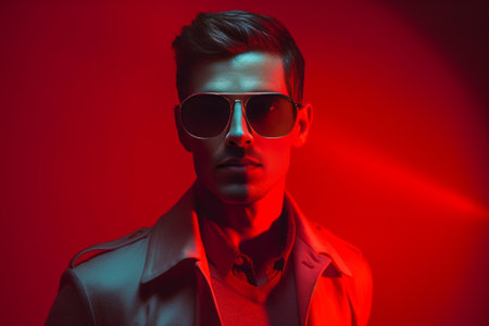 Fashion announcement Side view of handsome young man in sunglasses holding megaphone and keeping mouth open while standing against red background : Generative AIの素材