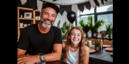 Enjoying time with their nearest Happy young couple bonding to each other and smiling while their family sitting at the dining table in the background : Generative AIの素材