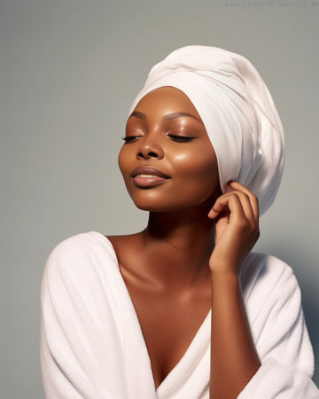 Fresh and beautiful Beautiful young woman wrapped in towel keeping eyes closed and touching her face while standing against grey background : Generative AIの素材