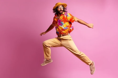 Full length of playful Indian man dancing and throwing confetti against pink background : Generative AIの素材