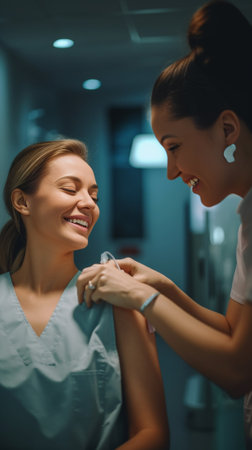 Female nurse making injection to mature woman while working in the hospital : Generative AIの素材