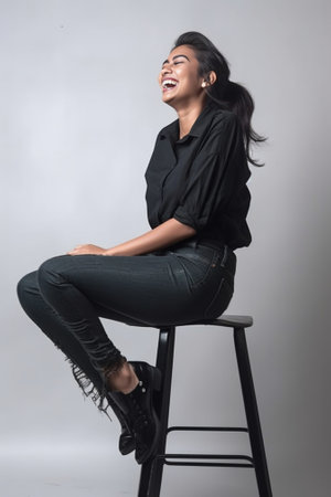 Feeling free and confident Full length of attractive young woman carrying on shoulders denim jacket while sitting on the chair against grey background : Generative AIの素材