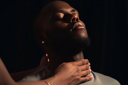 Feeling pain in neck Frustrated young African man touching his neck and keeping eyes closed while standing in gym : Generative AIの素材